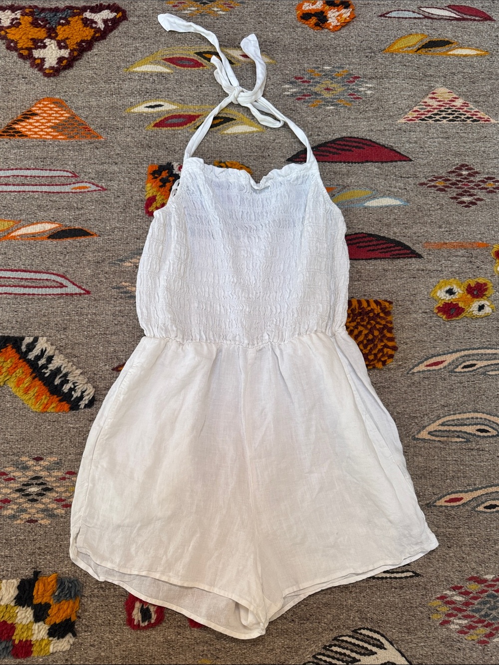 White Linen Ruched Halter Romper